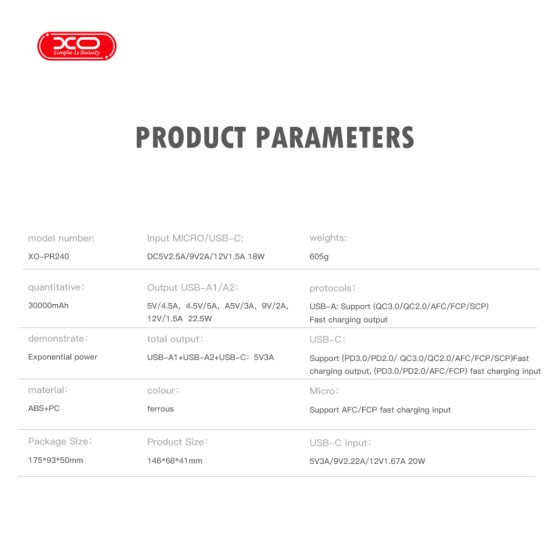 Батарея універсальна XO 30000mAh, PD/20W, QC/22.5W, with light, black (PR240_Black) Батарея універсальна XO 30000mAh, PD/20W, QC/22.5W, with light, black (PR240_Black)