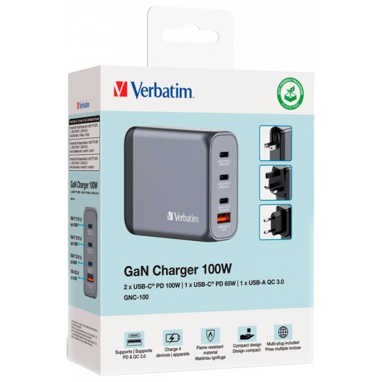 Зарядное устройство Verbatim GaN 100 W 4 ports (2xUSB-C-100 W,USB-C 65 W /USB-A -3.0) (32202) Зарядное устройство Verbatim GaN 100 W 4 ports (2xUSB-C-100 W,USB-C 65 W /USB-A -3.0) (32202)