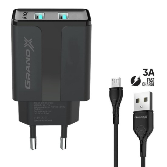 Зарядний пристрій Grand-X CH-15UMB (5V/2,1A + DC cable 2,4А USB -> Micro USB 1m) Black (CH-15UMB) Зарядний пристрій Grand-X CH-15UMB (5V/2,1A + DC cable 2,4А USB -> Micro USB 1m) Black (CH-15UMB)