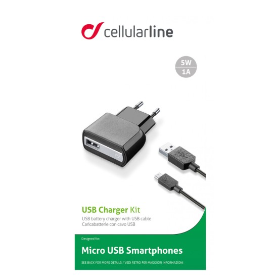 Зарядное устройство 1*USB 1A + cable 1m MicroUSB Cellularline (ACHUSBKITMICROUSB2)