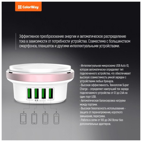 Зарядное устройство ColorWay 4*USB 4.4А + LED лампа 310 Lm (CW-CHL44A) Зарядное устройство ColorWay 4*USB 4.4А + LED лампа 310 Lm (CW-CHL44A)