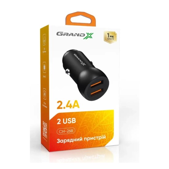 Зарядний пристрій Grand-X car 2,1A, 12-24V, Black 2USB 5V/2.1A (CH-26) Зарядний пристрій Grand-X car 2,1A, 12-24V, Black 2USB 5V/2.1A (CH-26)