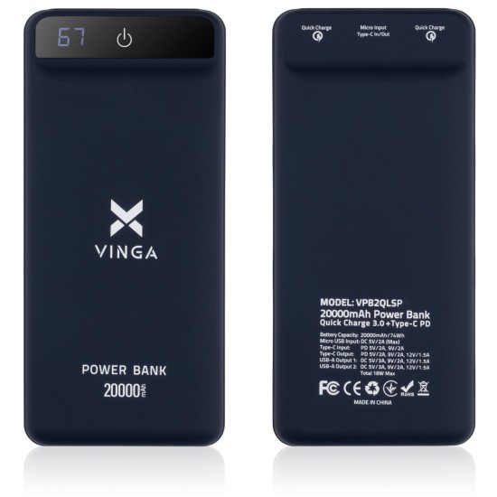 Батарея универсальная Vinga 20000 mAh QC3.0 Display soft touch purple (VPB2QLSP) Батарея универсальная Vinga 20000 mAh QC3.0 Display soft touch purple (VPB2QLSP)