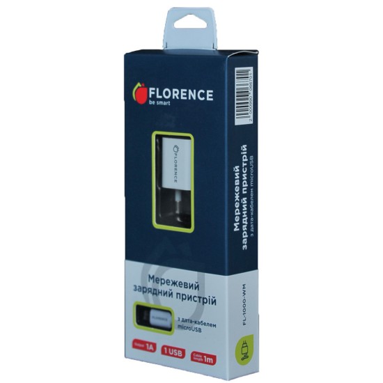 Зарядний пристрій Florence 1USB 1A + microUSB cable white (FL-1000-WM) Зарядний пристрій Florence 1USB 1A + microUSB cable white (FL-1000-WM)