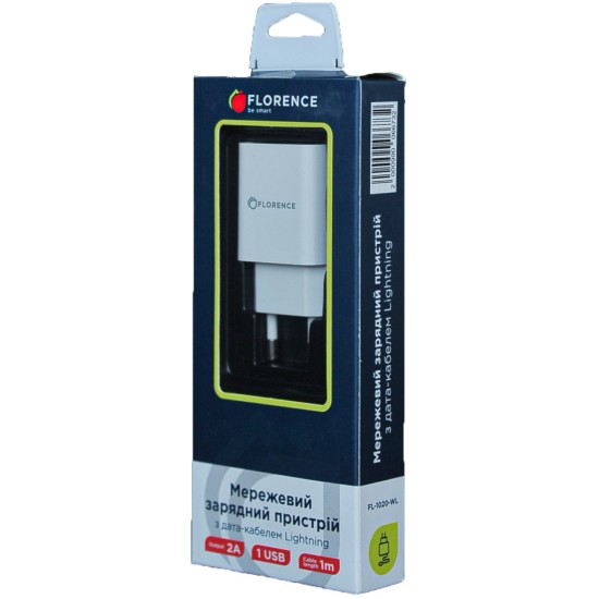 Зарядное устройство Florence 1USB 2A + Lightning cable white (FL-1020-WL) Зарядное устройство Florence 1USB 2A + Lightning cable white (FL-1020-WL)