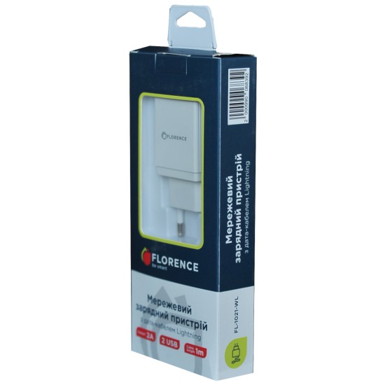 Зарядний пристрій Florence 2USB 2A + Lightning cable white (FL-1021-WL) Зарядний пристрій Florence 2USB 2A + Lightning cable white (FL-1021-WL)