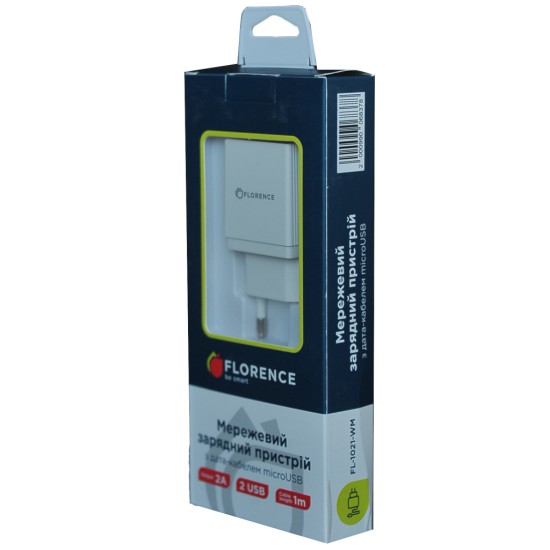 Зарядний пристрій Florence 2USB 2A + microUSB cable white (FL-1021-WM) Зарядний пристрій Florence 2USB 2A + microUSB cable white (FL-1021-WM)