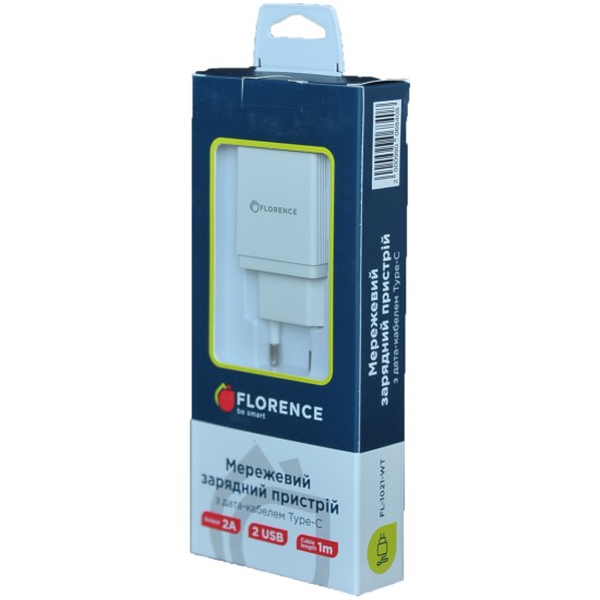 Зарядное устройство Florence 2USB 2A + Type-C cable white (FL-1021-WT) Зарядное устройство Florence 2USB 2A + Type-C cable white (FL-1021-WT)