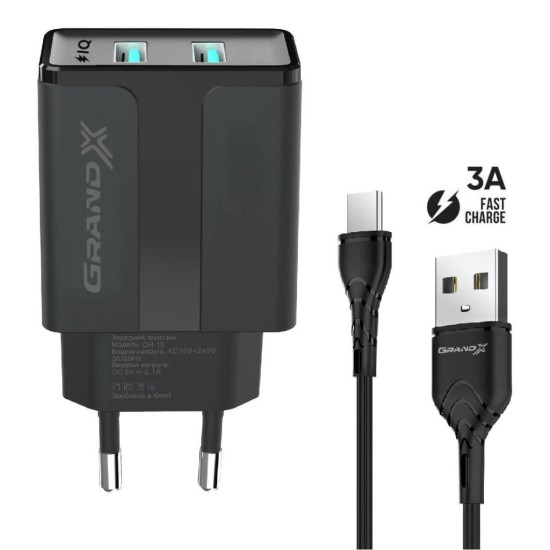 Зарядное устройство Grand-X CH-15T 5V 2,4A 2USB Black + cable USB -> Type-C (CH-15T) Зарядное устройство Grand-X CH-15T 5V 2,4A 2USB Black + cable USB -> Type-C (CH-15T)