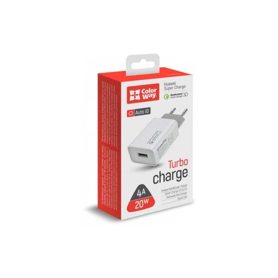 Зарядное устройство ColorWay 1USB Huawei Super Charge/Quick Charge 3.0, 4A (20W) (CW-CHS014Q-WT) Зарядное устройство ColorWay 1USB Huawei Super Charge/Quick Charge 3.0, 4A (20W) (CW-CHS014Q-WT)