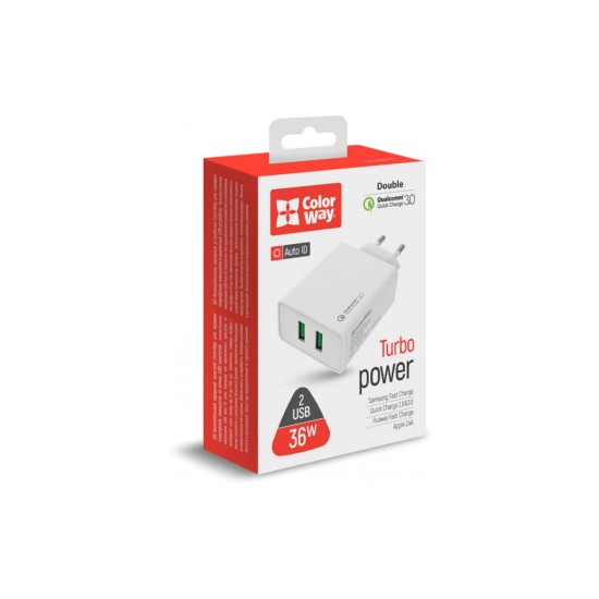 Зарядное устройство ColorWay 2USB Quick Charge 3.0 (36W) (CW-CHS017Q-WT) Зарядное устройство ColorWay 2USB Quick Charge 3.0 (36W) (CW-CHS017Q-WT)