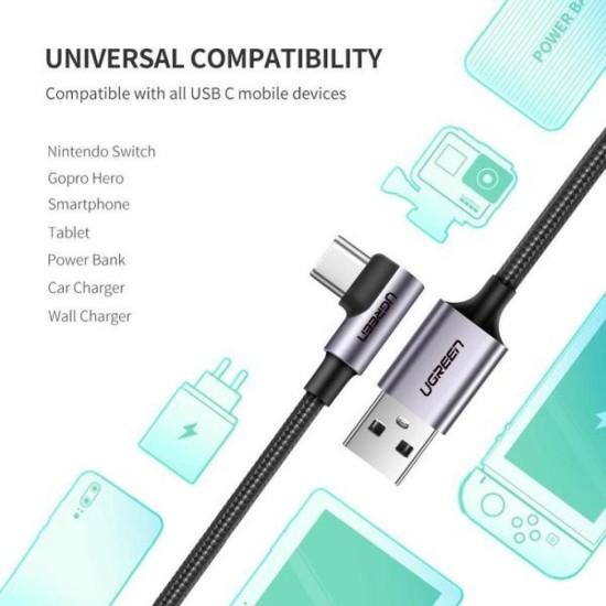 Дата кабель USB 2.0 AM to Type-C 1.0m US284 Angled Alum. Braid Black Ugreen (50941) Дата кабель USB 2.0 AM to Type-C 1.0m US284 Angled Alum. Braid Black Ugreen (50941)