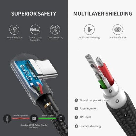 Дата кабель USB 2.0 AM to Type-C 1.0m US284 Angled Alum. Braid Black Ugreen (50941) Дата кабель USB 2.0 AM to Type-C 1.0m US284 Angled Alum. Braid Black Ugreen (50941)