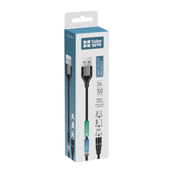 Дата кабель USB 2.0 AM to Lightning + Micro 5P + Type-C 1.0m Magnetic ColorWay (CW-CBUU038-BK)