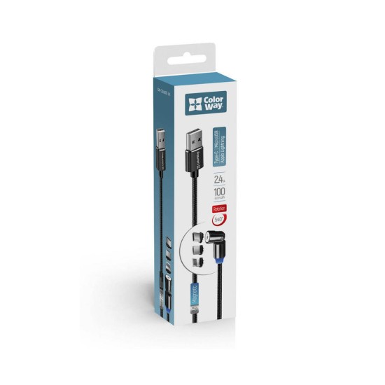 Дата кабель USB 2.0 AM to Lightning + Micro 5P + Type-C 1.0m Magnetic Ro ColorWay (CW-CBUU037-BK) Дата кабель USB 2.0 AM to Lightning + Micro 5P + Type-C 1.0m Magnetic Ro ColorWay (CW-CBUU037-BK)